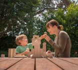 Мать и сын играют с деревянными кирпичами в саду — стоковое фото