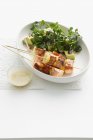 Salmon skewers with salad in bowl and sauce — Stock Photo