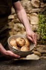 Homme avec bol de pommes de terre fraîches cueillies — Photo de stock