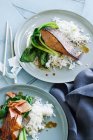 Plates of fish, rice and greens — Stock Photo
