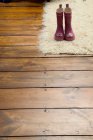 Gummistiefel auf Teppich auf Holzboden — Stockfoto