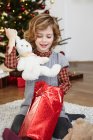Girl putting bunny out of present — Stock Photo