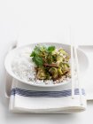 Bowl of fish with herbs and rice — Stock Photo