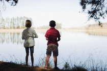 Niños de pie junto al lago - foto de stock