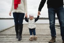 Young family, holding hands, walking on jetty, low section — Stock Photo