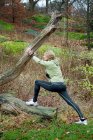 Mature woman stretching against tree in forest — Stock Photo