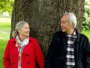 Пожилая пара, гуляющая вместе в парке — стоковое фото