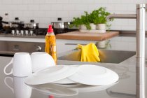 Primo piano vista dei piatti, tazza, detersivo e lavandino in cucina — Foto stock