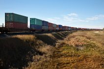 Вантажний поїзд над сухим полем з блакитним небом на фоні — стокове фото