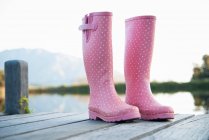 Pink rainboots on wooden dock — Stock Photo