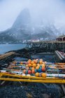 Vista di rastrelliere di essiccazione contro montagne, Reine, Norvegia — Foto stock