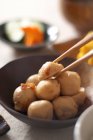 Chopsticks picking up japanese dumpling — Stock Photo