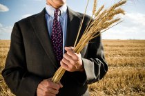 Perto de Empresário em um campo de trigo — Fotografia de Stock