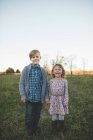 Portrait of boy holding sisters hand in field — Stock Photo