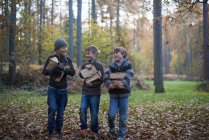 Jungen laufen durch Wald und tragen Holzstämme — Stockfoto