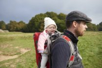 Side view of mid adult man in field wearing flat cap carrying daughter on back in baby carrier — Stock Photo
