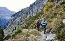 Mountain bikers on dirt track, Vallese, Svizzera — Foto stock