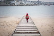 Вид сзади на маленького мальчика на пристани на берегу моря — стоковое фото