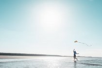 Donna aquilone volante sulla spiaggia — Foto stock