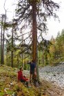 Trail runners resting by tree in forest, Kesankitunturi, Lapland, Finland — Stock Photo