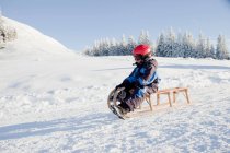 Young boy sledding downhill — Stock Photo