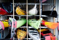 Kayaks stacked in cubes — Stock Photo