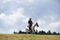 Joven en equipo de vaquero trotando a caballo en el campo - foto de stock