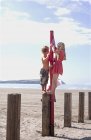 Hermano y hermana de pie en Groyne en la playa - foto de stock