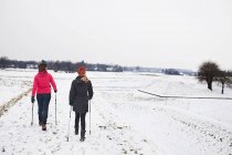 Rear view of women walking over ice — Stock Photo