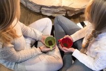 Высокий угол обзора двух молодых женщин, пьющих травяной чай перед камином — стоковое фото