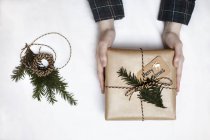 Woman holding Christmas gift wrapped in brown paper, decorated with fern and string, overhead view — Stock Photo