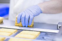 Abgeschnittenes Bild eines Fabrikarbeiters in Latexhandschuhen, der Tofu hält — Stockfoto