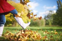 Cortado tiro de la mujer madura pateando hojas de otoño en el parque - foto de stock