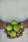 Close-up partial view of person holding fresh limes — Stock Photo
