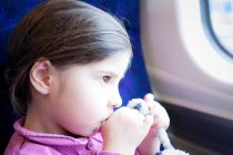 Little girl on train, sucking thumb — Stock Photo