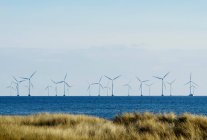 Вітрові турбіни в морі з ясним блакитним небом — стокове фото