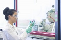 Giovane scienziata che guarda il campione in laboratorio — Foto stock