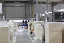 Due lavoratori nell'interno della fabbrica di imballaggi in carta — Foto stock