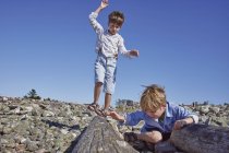 Two boys playing on driftwood on beach — Stock Photo