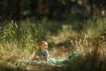 Kleinkind sitzt auf Decke im Feld — Stockfoto
