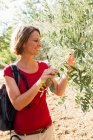 Жінка торкається оливкового дерева — стокове фото