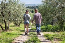 Full length rear view of couple hand in hand walking on dirt track — Stock Photo