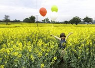 Boy standing in yellow flower field holding red, yellow and white balloons — Stock Photo