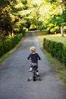 Вид сзади мальчика на трехколесном велосипеде на дорожке — стоковое фото