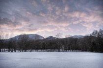 Snowy field with mountains at sunset — Stock Photo