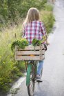 Rear view of woman cycling bicycle on rural road — Stock Photo