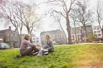Две деловые женщины сидят на траве в парке — стоковое фото