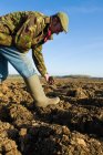 Farmers inspecting soil in ploughed field — Stock Photo