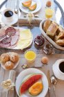Top view of table laid with breakfast — Stock Photo