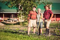 Семья фермеров на овощной грядке смотрит в сторону улыбаясь — стоковое фото
